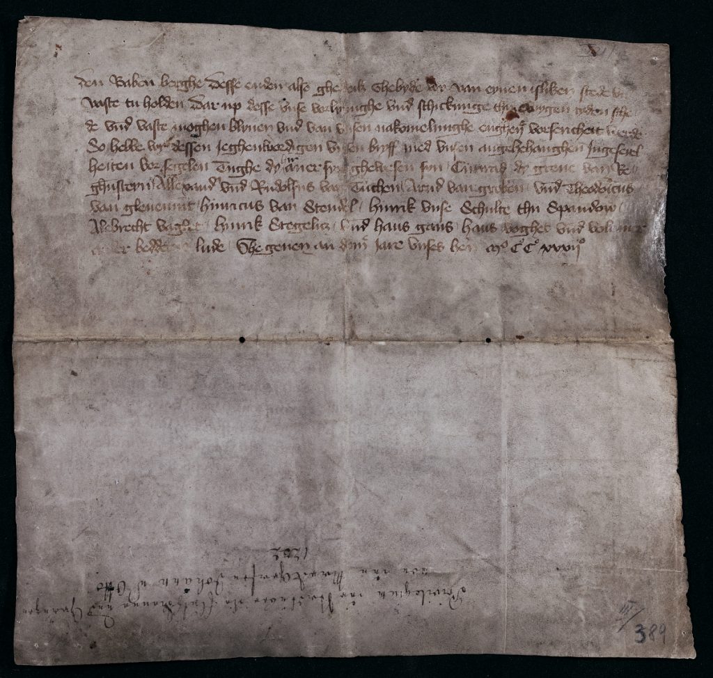 Rückseite des Spandauer Stadtrechtsprivilegs vom 7. März 1232, Deutsche Fassung des 15. Jahrhunderts