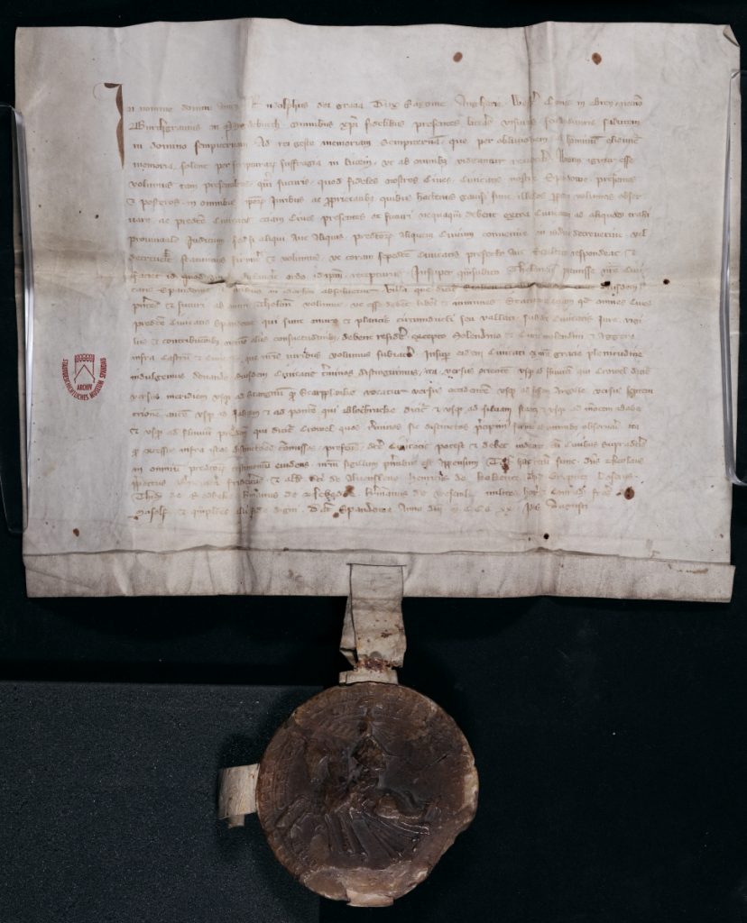 Urkunde von Rudolf I. (1284 - 1356) bestätigt in der Stadtrechtsurkunde niedergeschriebene Rechte und Stadtgrenzen, 13.8.1320