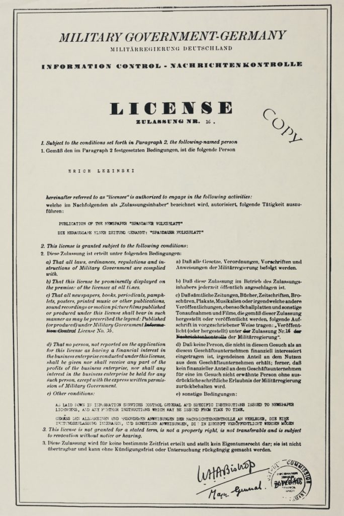 Kopie der Zulassung Erich Lezinskys zur Herausgabe des Spandauer Volksblattes durch das Military Government-Germany, 1946
