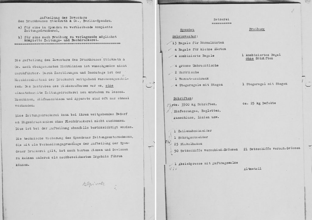 Kopie der Aufteilung des Inventars des Druckhauses Stückrath & Co., Berlin-Spandau von 1947