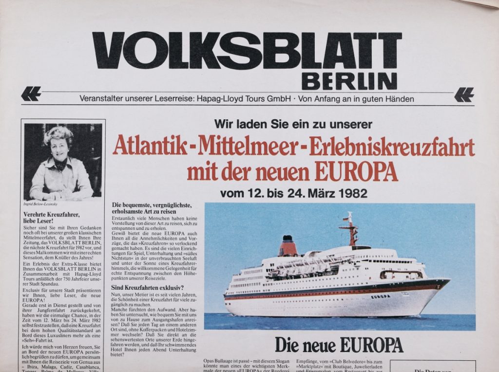 Anzeige zu einer Atlantik-Mittelmeer-Erlebniskreuzfahrt im Rahmen der Lesereisen des Spandauer Volksblattes Berlin, 1982