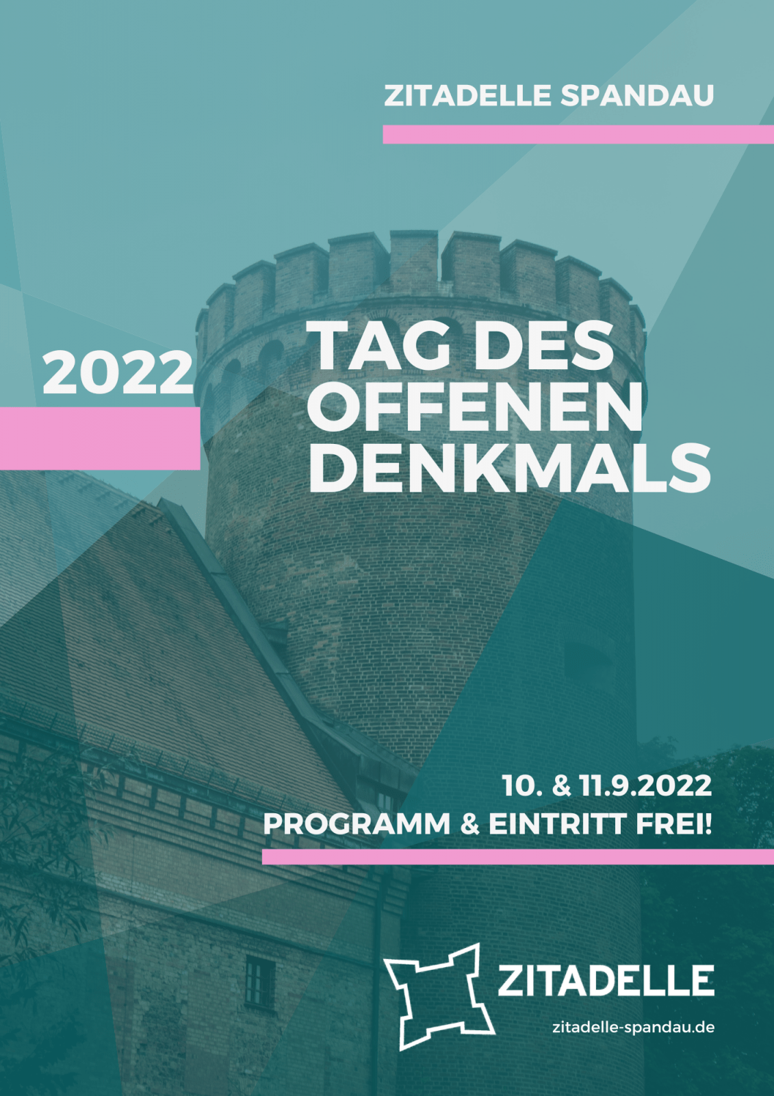 Juliusturm der Zitadelle Spandau im Hintergrund mit der Aufschrift Tag des offenen Denkmals 2022