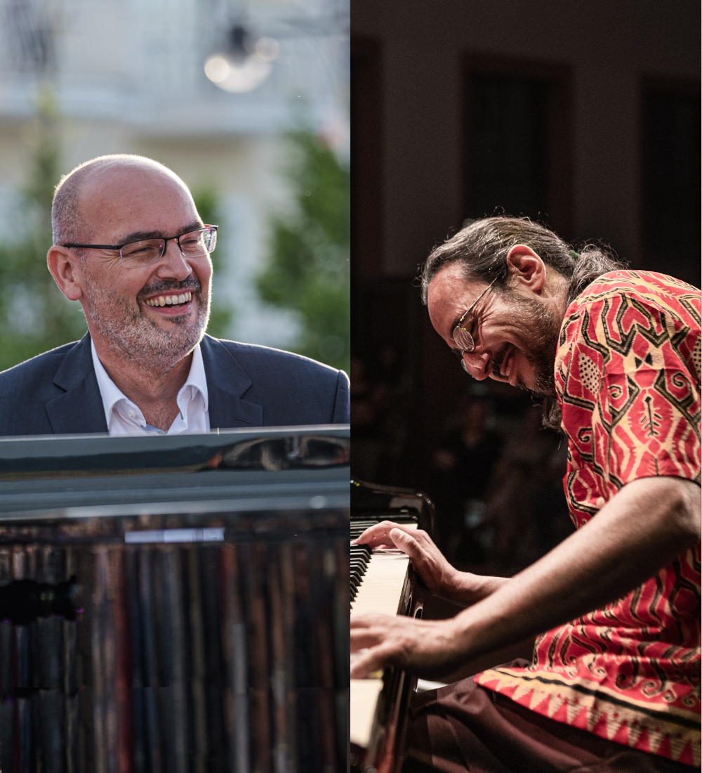 Frank Muschalle und Lluis Coloma spielend am Klavier sitzen