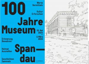 Plakat zur Ausstellung mit schwarzem Schriftzug "100 Jahre Museum Spandau" auf blauem Hintergrund