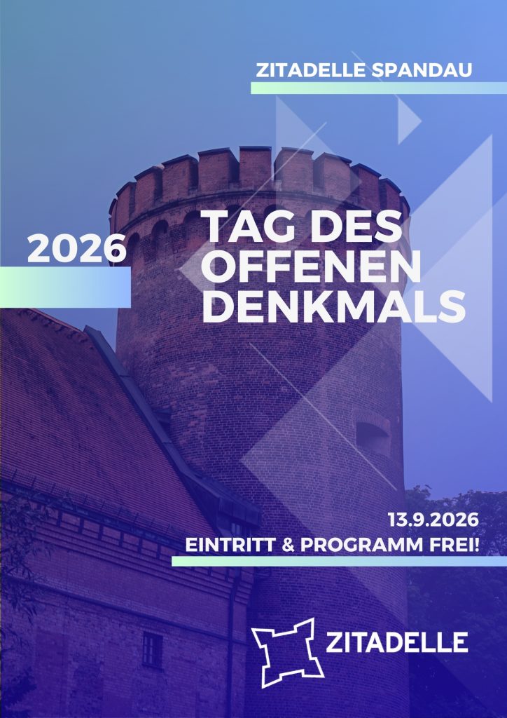 Kopie von FLYER Tag des offenen Denkmals 2025 Der Juliusturm, eingefärbt in Blau mit dem Schriftzug Tag des offenen Denkmals, Eintritt und Programm frei am 13.9.2026.