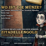 Werbeplakat für ein Outdoor-Escape-Game in der Zitadelle Spandau mit einer gezeichneten Vampirfigur vor dem Juliusturm.