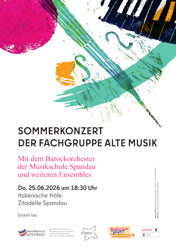 Plakat mit dem Schriftzug Sommerkonzert der Fachgruppe Alte Musik mit dem Datum 25.6.2026 und der Uhrzeit 18:30 Uhr